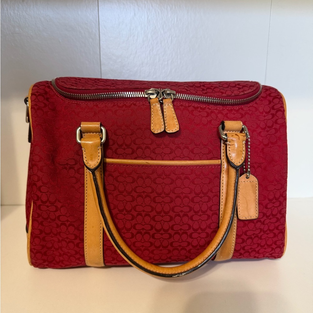 Vintage coach train travel case make up bag/purse red jacquard. G35–3600